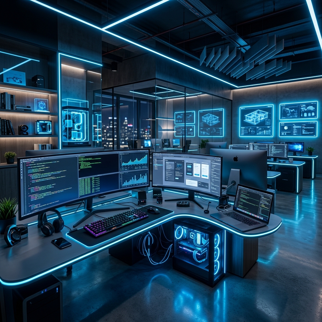 A modern tech development office with futuristic computers, neon blue lighting, high tech screens, highly detailed, photorealistic, no humans
