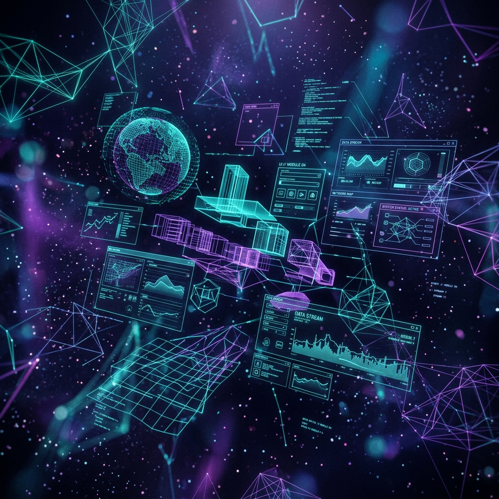 Abstract wireframe and UI design elements floating in a dark space with teal and purple glowing lines, modern design concept, no humans